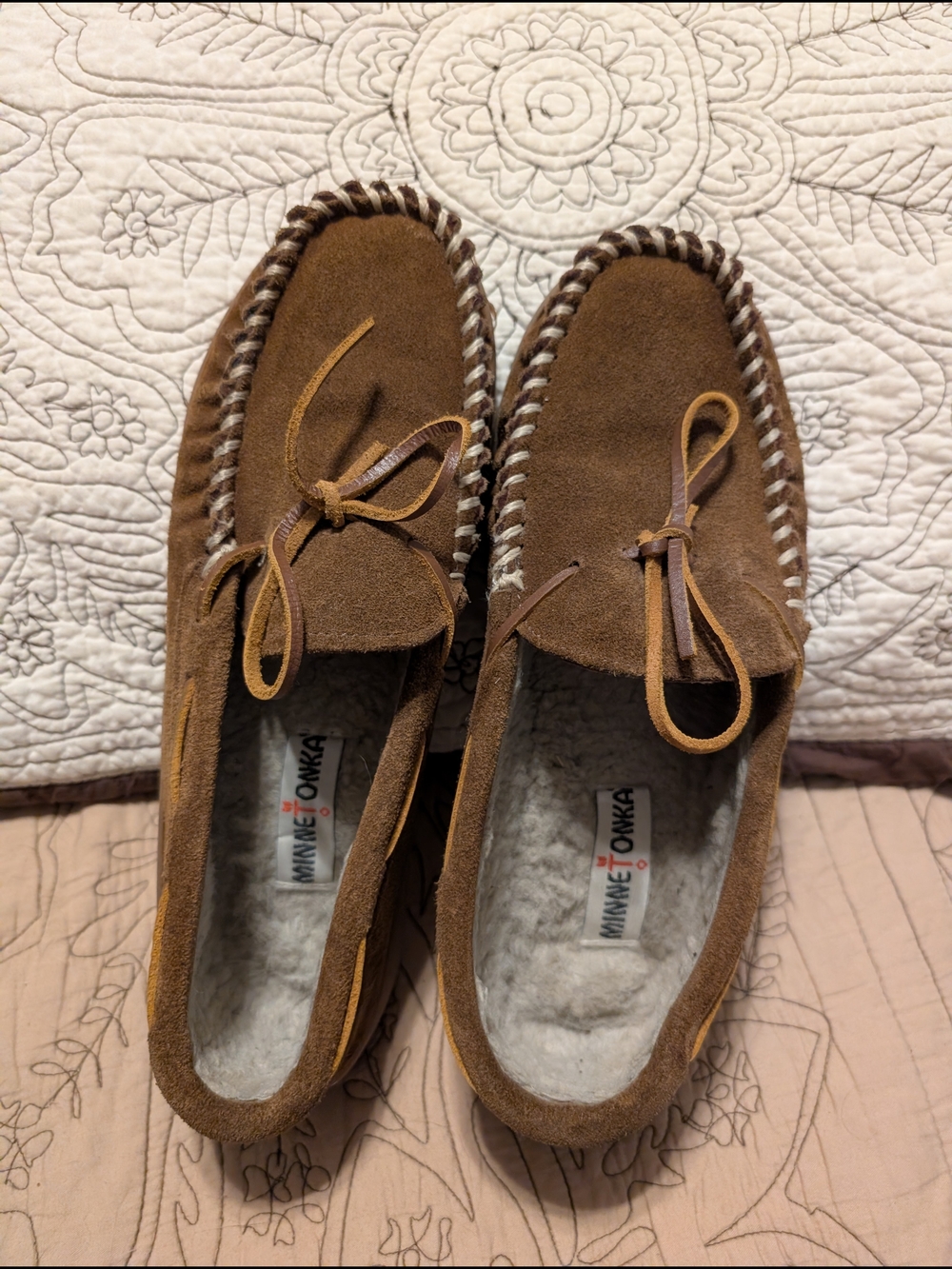 Minnetonka Brown Suede Moccasin Slippers with Bow